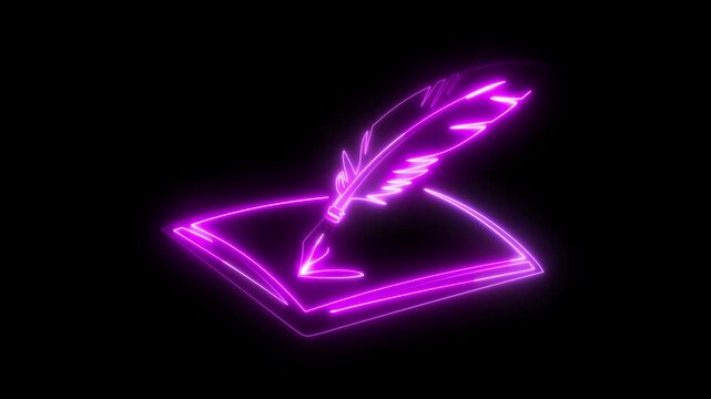 Neon quill pen writing on an open book in vibrant purple light against black