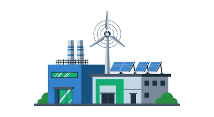 Fototapeta premium Sustainable Factory Illustration with Wind Turbine and Solar Panels for Green Energy Concept