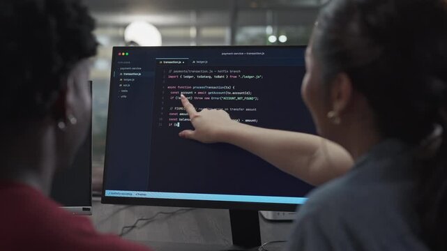 Over the shoulder view of two developers pair programming, one pointing at a line of JavaScript on the monitor while explaining the payment service logic to her colleague.