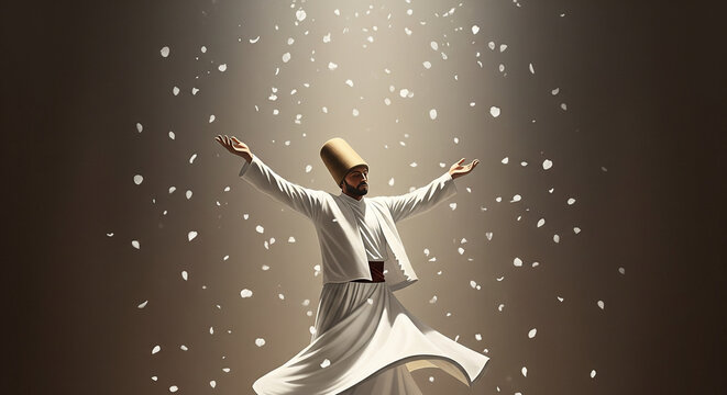 Whirling Sufi dervish performing traditional Sema dance with falling white petals
