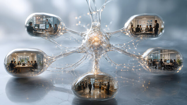 Futuristic artificial intelligence brain connected to multiple business teams inside transparent digital spheres, representing AI, global connectivity, business networking, data sharing, collaboration