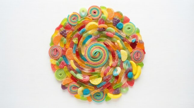Colorful gummy candies arranged in a spiral circle isolated on white background