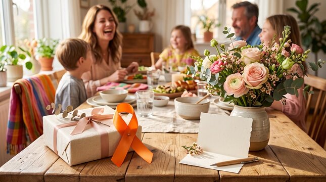 Orange awareness ribbon adorns a gift box sitting on a family dining table filled with flowers and laughter to represent the integration of awareness and support into everyday life events.
