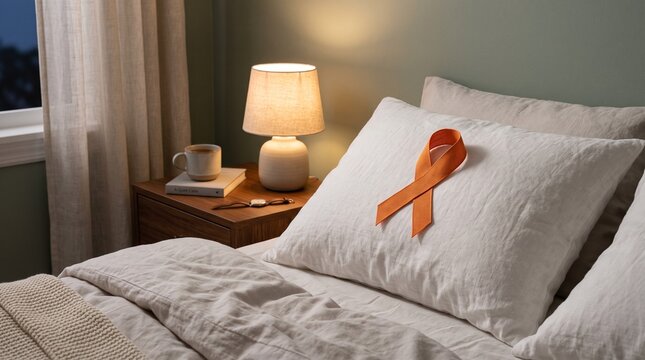 Orange awareness ribbon rests on a soft white pillow in a dimly lit bedroom setting to symbolize support for health causes and patient advocacy during the quiet evening hours of reflection.