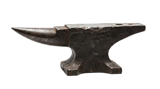 Old weathered heavy cast iron blacksmith anvil with horn and hardy hole isolated on a solid black background