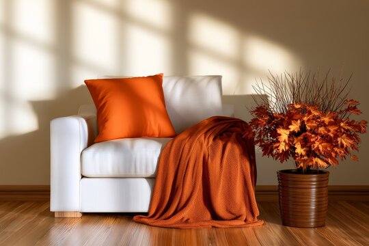 White armchair with orange pillow blanket autumn decor