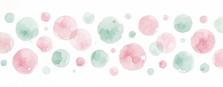 Pastel pink and green watercolor circles create a playful, bubbly border design. Soft round shapes float on a clean white background, suitable for kids decor.