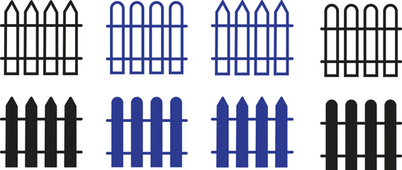 Obraz premium Fence Icon Set, Picket Wood Garden Yard Boundary Border Panel Symbols in Black and Blue Solid and Outline Style for Home, Garden and Real Estate Design