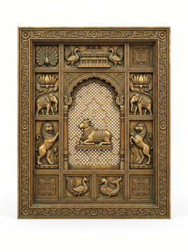 Narrative South Indian Brass Temple Panel with Sacred Nandi Bull in Arched Niche