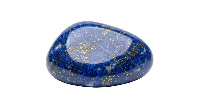 Polished lapis lazuli gemstone with golden pyrite inclusions isolated on a solid black background