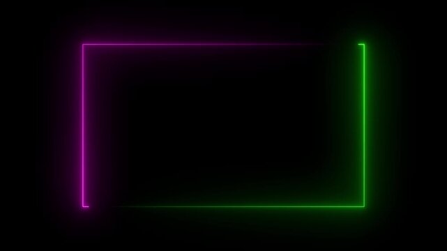 Futuristic split glowing blue and red neon rectangular frame border on black background motion graphics asset for sleek video streaming overlays and modern presentation screens