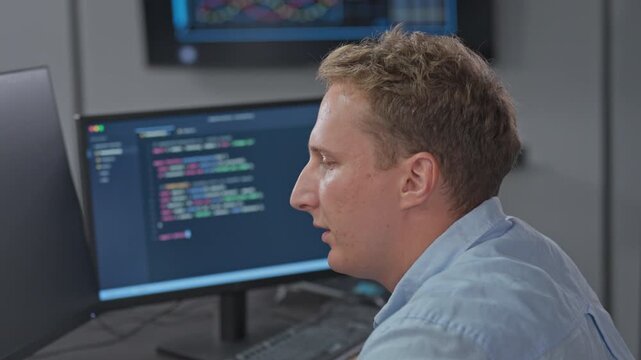Close side portrait of a young male developer reading through code on his monitor with quiet concentration during a focused software development session in the office.