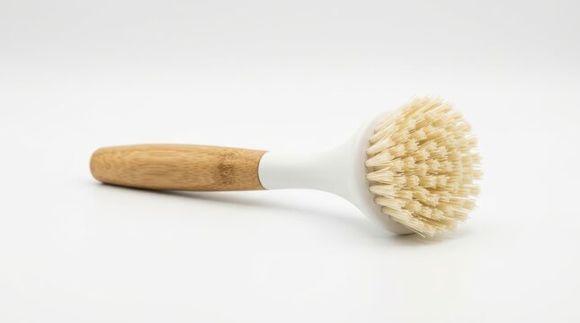 Dish brush with wooden handle and white plastic head isolated on white background