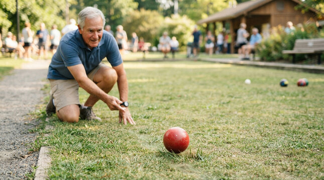 Senior man playing bocce ball on a sunny day in a park