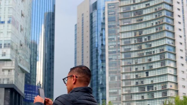 Young Latino man taking photos in a modern urban park with a contemporary skyline in Santa Fe, Mexico City, showcasing lifestyle and technology.