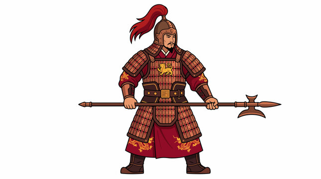 Ancient Chinese warrior holding a polearm vector illustration, an abstract digital art background with colorful modern design elements for your projects
