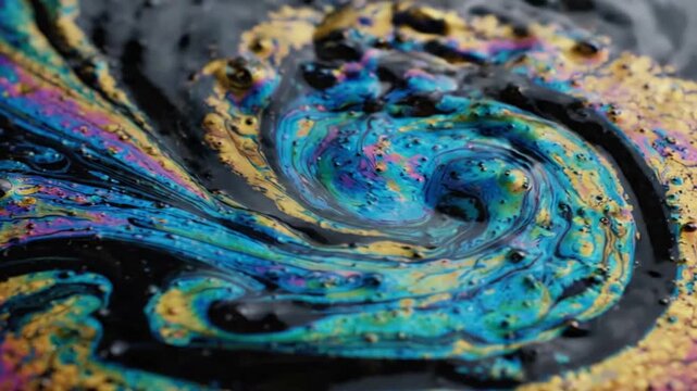 Swirling iridescent oil slick pattern on dark water creating colors swirl