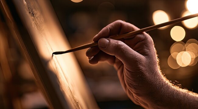 Close-up of a hand holding a paintbrush, creating art on a canvas