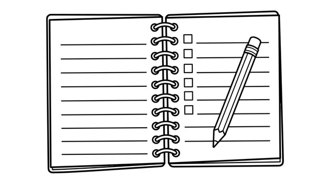 Open notebook with lined pages and checklist, pencil ready to write, black and white outline illustration