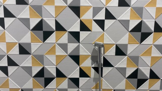 Modern Geometric Bathroom Wall Tiles with Black White Gold Pattern and Chrome Shower Fixture