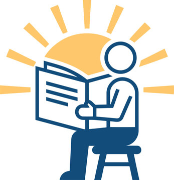 Person sitting on stool reading book against rising sun background vector illustration for literacy and learning