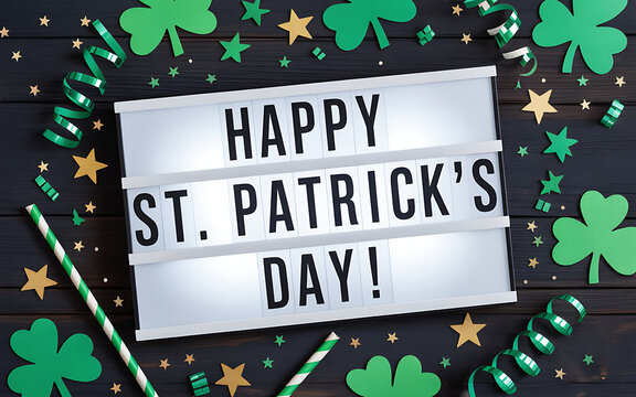 Illuminated lightbox displaying happy st patricks day text surrounded by stars and shamrocks