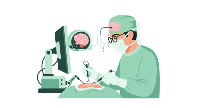 Surgeon performing advanced robotic neurosurgery with brain computer interface technology. Futuristic medical innovation and digital healthcare illustration.