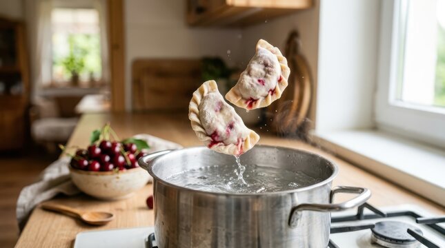 Two cherry dumplings flying above a pot of boiling water in a rustic kitchen