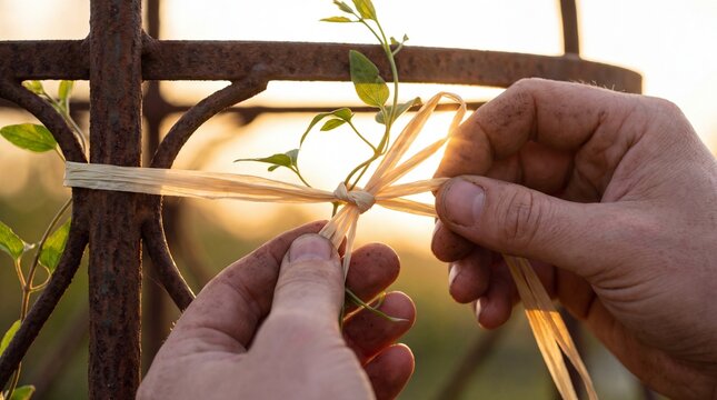 Hands tying a young green vine to a rustic metal trellis with natural raffia twine in warm golden hour sunlight