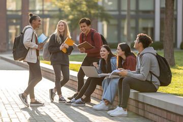 Fototapeta premium Diverse group of students talking and studying on campus outdoors