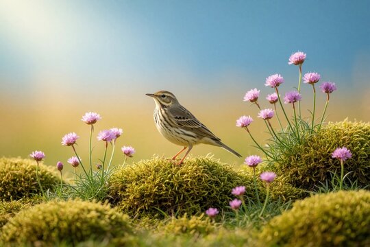 Small meadow pipit bird stands on green mossy mound among pink thrift flowers. Wild songbird sits in natural habitat under blue sky. Tiny passerine bird perches near colorful sea pink blossoms in