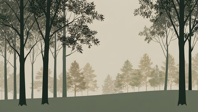 Minimalist forest landscape with silhouettes of trees in a soft foggy atmosphere