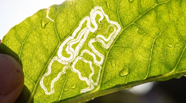 Intricate Leaf Miner Tunnels on a Translucent Swiss Chard Leaf with Dew Drops