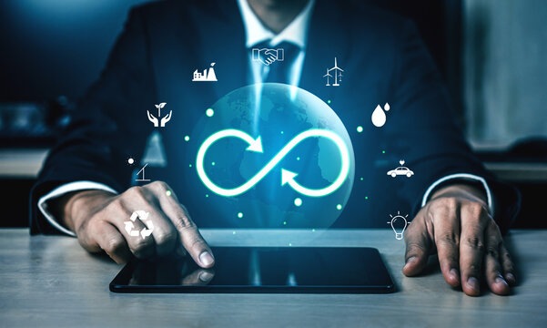 The concept of a circular economy for sustainable production and consumption. A global model of recycling, reusing, and renewable energy for the future. Motif
