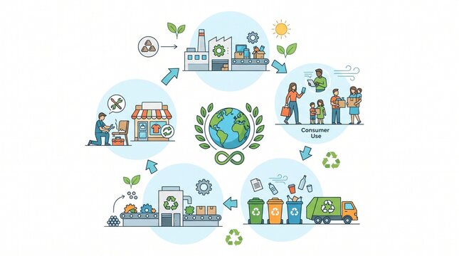a flat vector infographic of a circular economy lifecycle process around a green earth globe