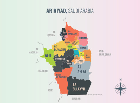 Ar Riyad Saudi arabia Mintaqah into Muhafazah in a minimalist colorful style map showing