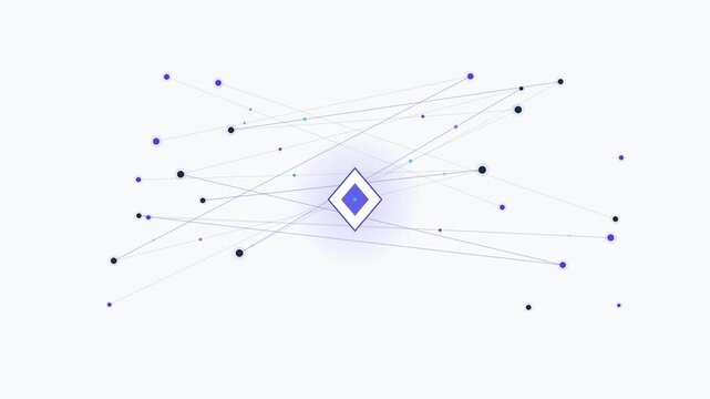 Abstract digital network connection with connecting nodes and lines reveals a central database icon and a business bar chart for data analytics
