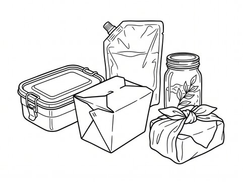 a black and white line art illustration of various reusable food packaging containers on white