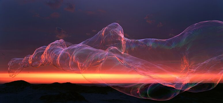 Ethereal, translucent forms drift across a dramatic sunset horizon