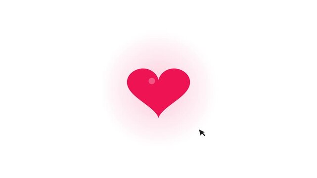 Computer cursor clicks a gray circle transforming it into a vibrant red heart shape with glowing light and floating particle effects against a clean white background