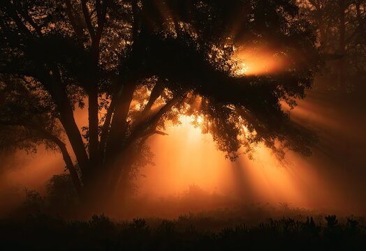 Ethereal sunbeams pierce through misty branches of an old tree