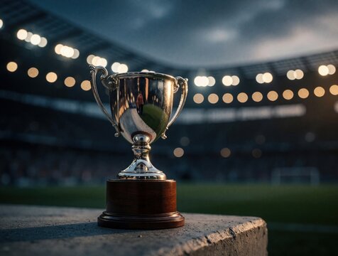 Shiny metal trophy sits on concrete ledge overlooking stadium field at night. Lights glow creating bokeh effect. Represents sports achievement and victory.