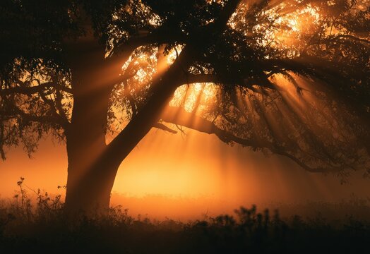 Golden sunbeams pierce a misty morning through an ancient, silhouetted tree