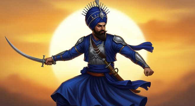 Sikh Nihang Warrior in Blue Armor with Sword Against Sunset Sky