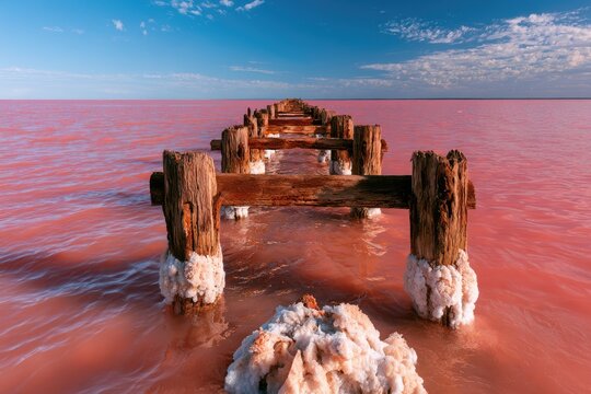 Weathered wooden pier pilings emerge from vibrant pink saline water under a bright blue sky