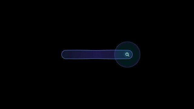 Glowing search bar element with magnifying glass icon expanding on a black background for user interface design
