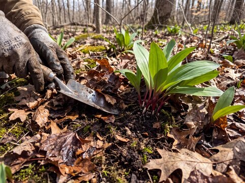Person harvesting wild ramps (wild leeks) with a trowel in a forest setting during spring, surrounded by fallen leaves and new growth.