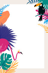 Naklejka premium Colorful botanical png frame with tropical flamingo and toucan birds, transparent background