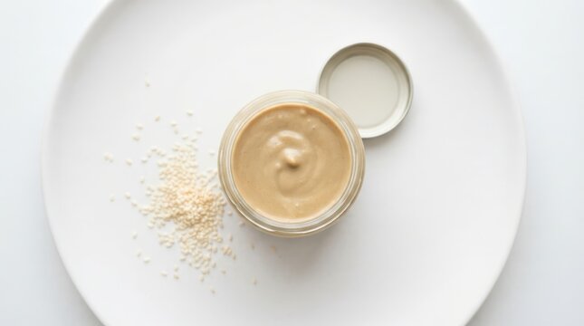 A jar of creamy tahini paste with sesame seeds on a white plate