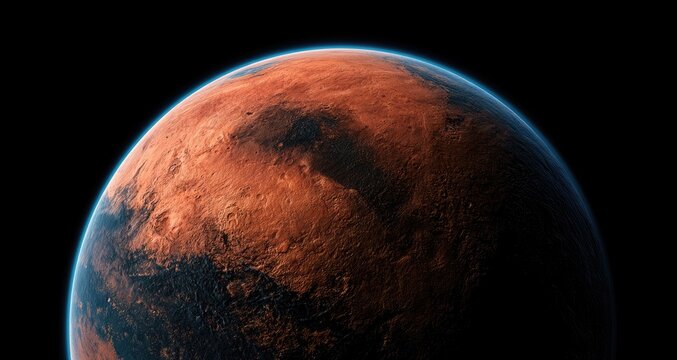 Red planet with detailed surface features, glowing atmosphere, against dark space